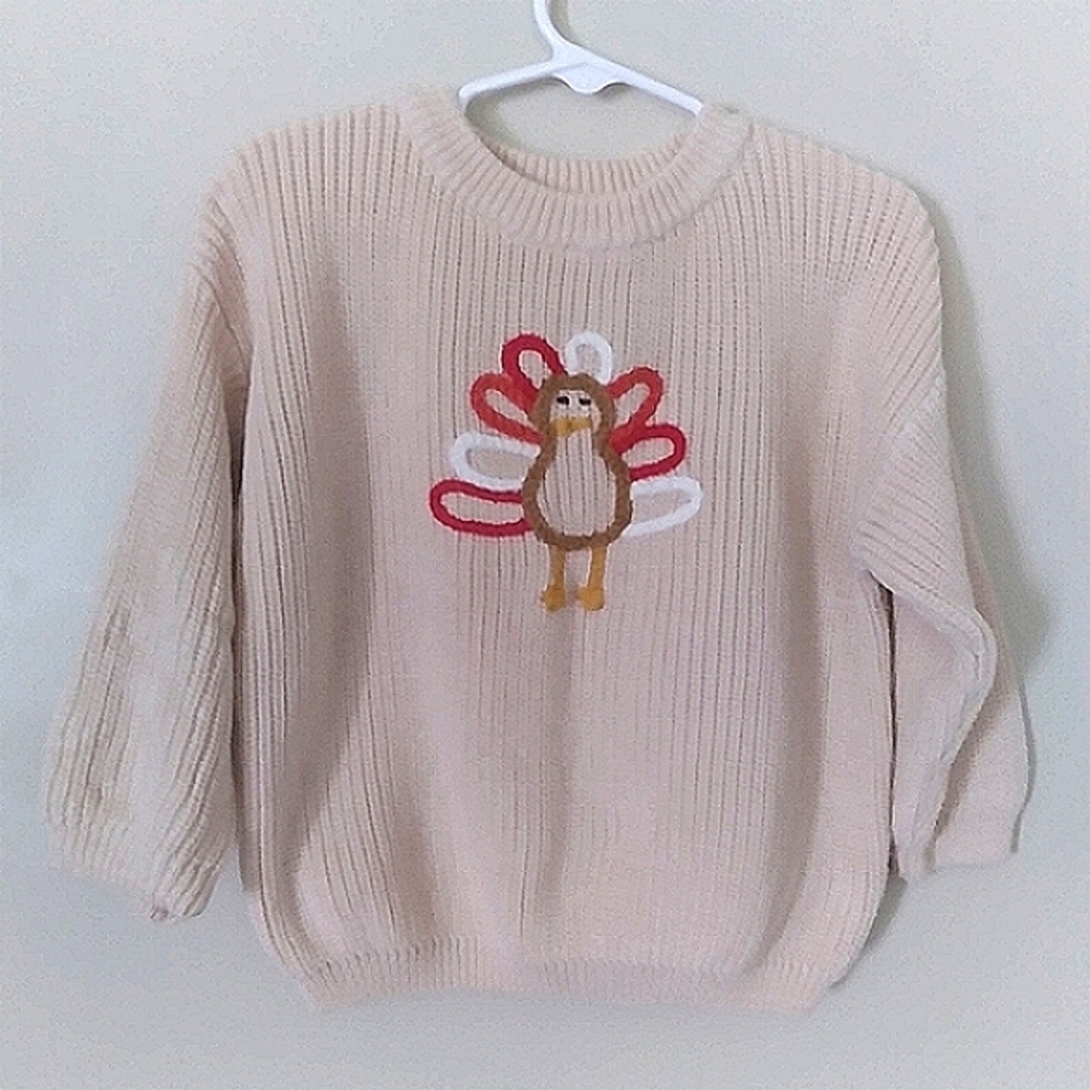 Chunky Cozy Cream Thanksgiving Fall Knit Sweater with Playful Turkey Design
